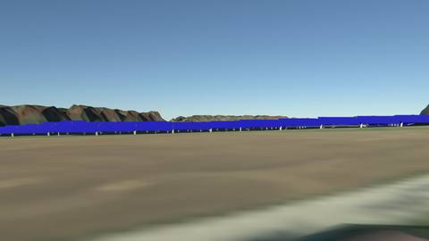 Modelled view in the 3D model: module tables as a blue band in front of the horizon, arable land in the foreground