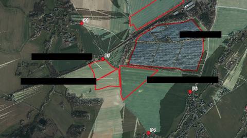 Aerial map with installation areas outlined in red and viewpoints P1, P4, P5 and P6 in the near zone