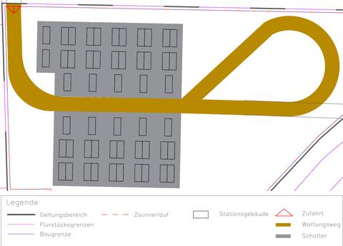 Lageplan eines Batteriespeichers: Speicher- und Wechselrichtercontainer auf Schotterflächen, Wartungsweg mit Wendeschleife, Zufahrt, Zaunverlauf und Baugrenze, darunter die Legende
